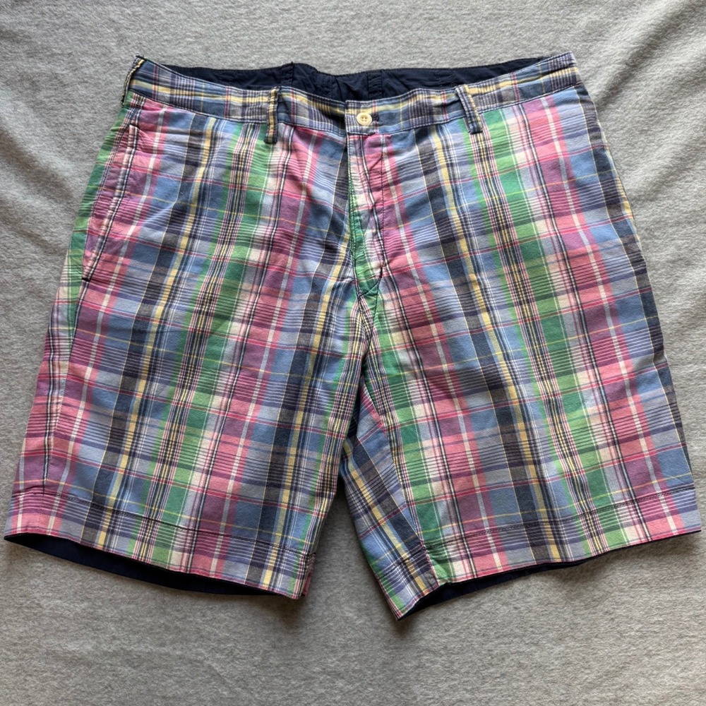 Polo Golf Ralph Lauren Reversible Shorts Mens 36 Madras Plaid Navy Blue Cotton